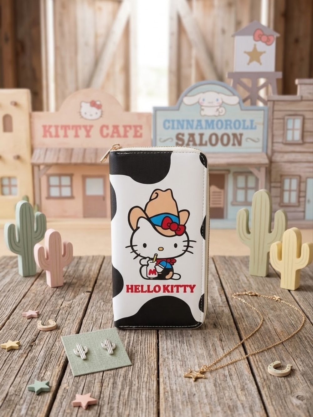 Hello Kitty Western Cow Print Ladies Zippered Wallet